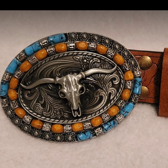 Western cowgirl buckle Leather Belt medium 31” - 35” size - Picture 4 of 5